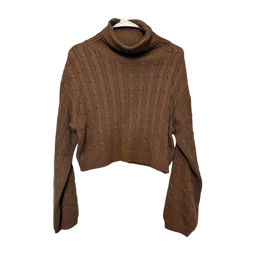 Ambiance Apparel Brown Cable Knit Cropped Turtleneck Sweater | Women’s M - Picture 3 of 7